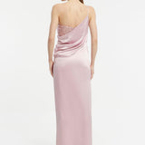 Sequin Top Satin Slit Evening Dress