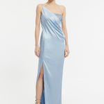 Sequin Top Satin Slit Evening Dress