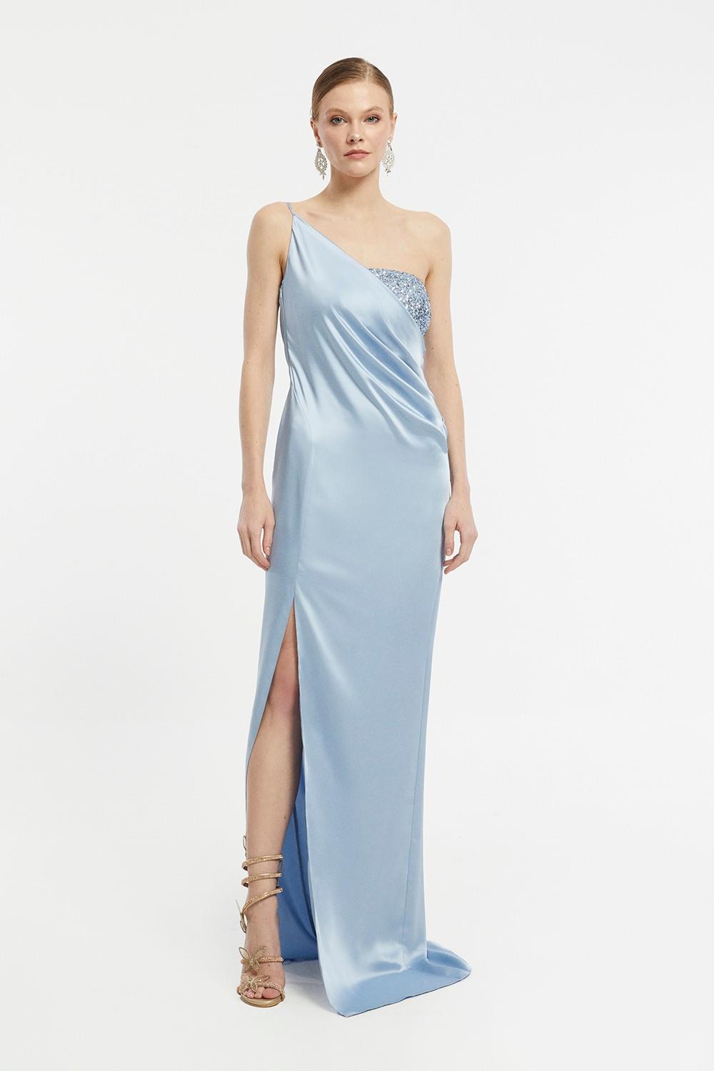 Sequin Top Satin Slit Evening Dress