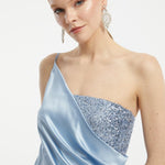 Sequin Top Satin Slit Evening Dress