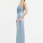 Sequin Top Satin Slit Evening Dress