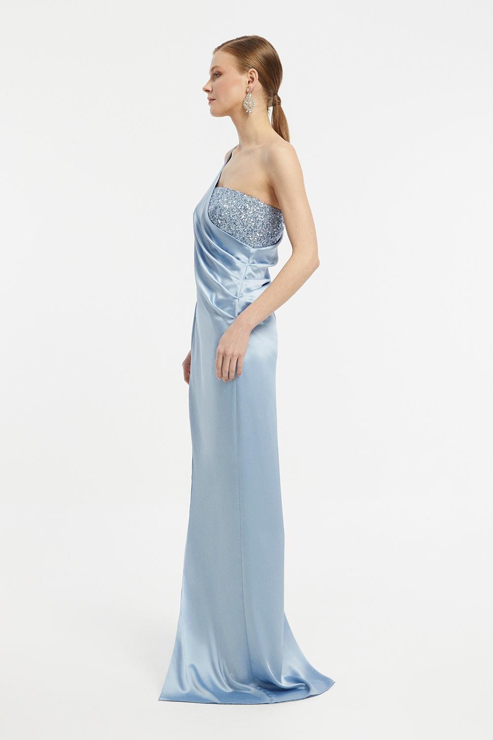 Sequin Top Satin Slit Evening Dress