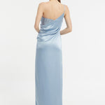 Sequin Top Satin Slit Evening Dress