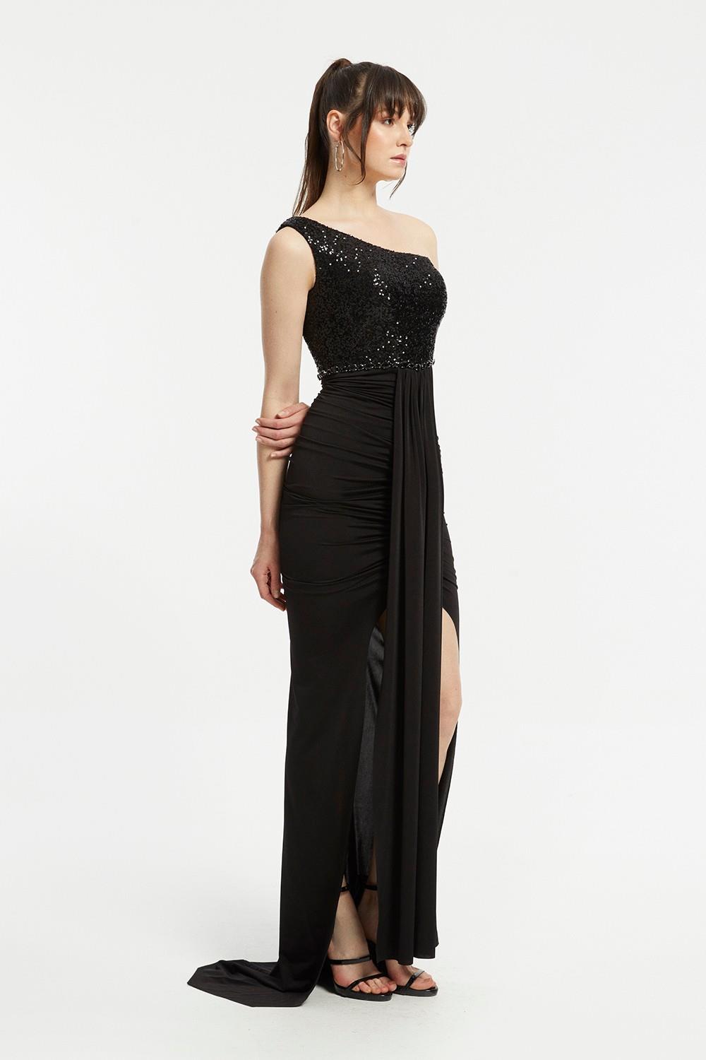 Sequin Embroidered Slit Evening Dress