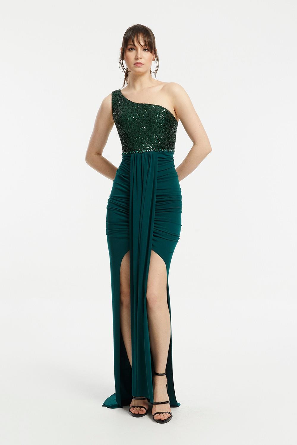 Sequin Embroidered Slit Evening Dress