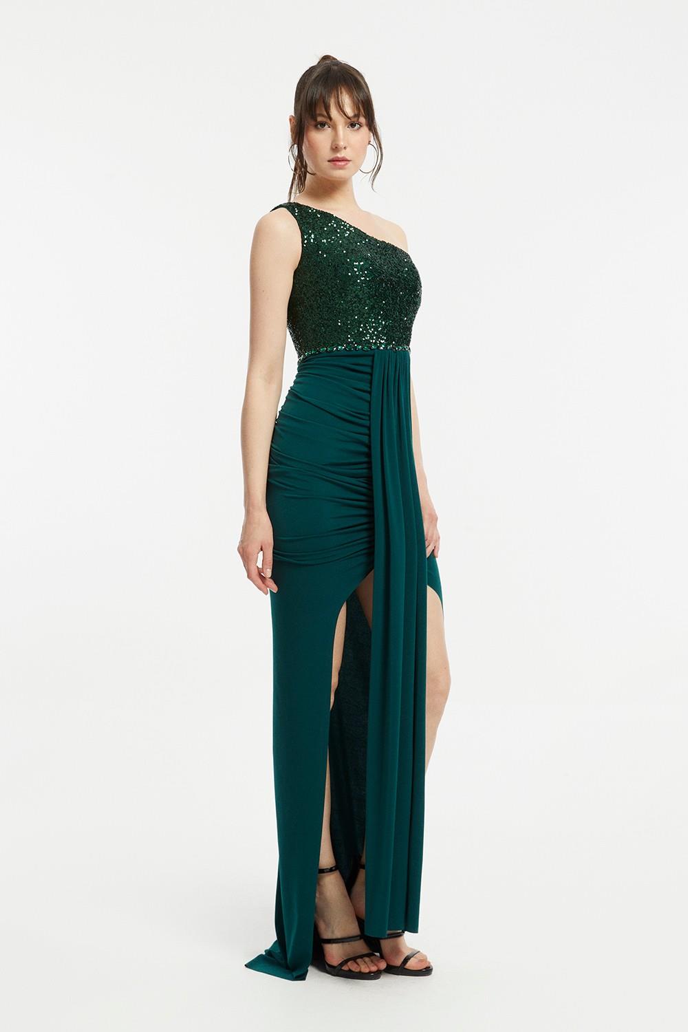 Sequin Embroidered Slit Evening Dress