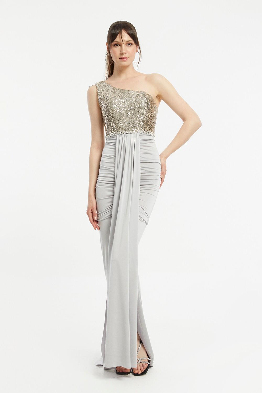 Sequin Embroidered Slit Evening Dress