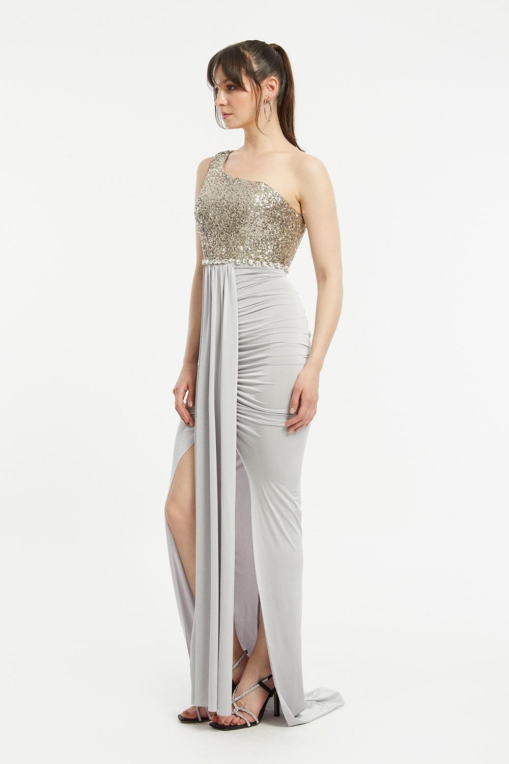 Sequin Embroidered Slit Evening Dress