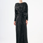 Sequined Long Sleeve Evening Dress with Bow Detail