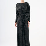 Sequined Long Sleeve Evening Dress with Bow Detail