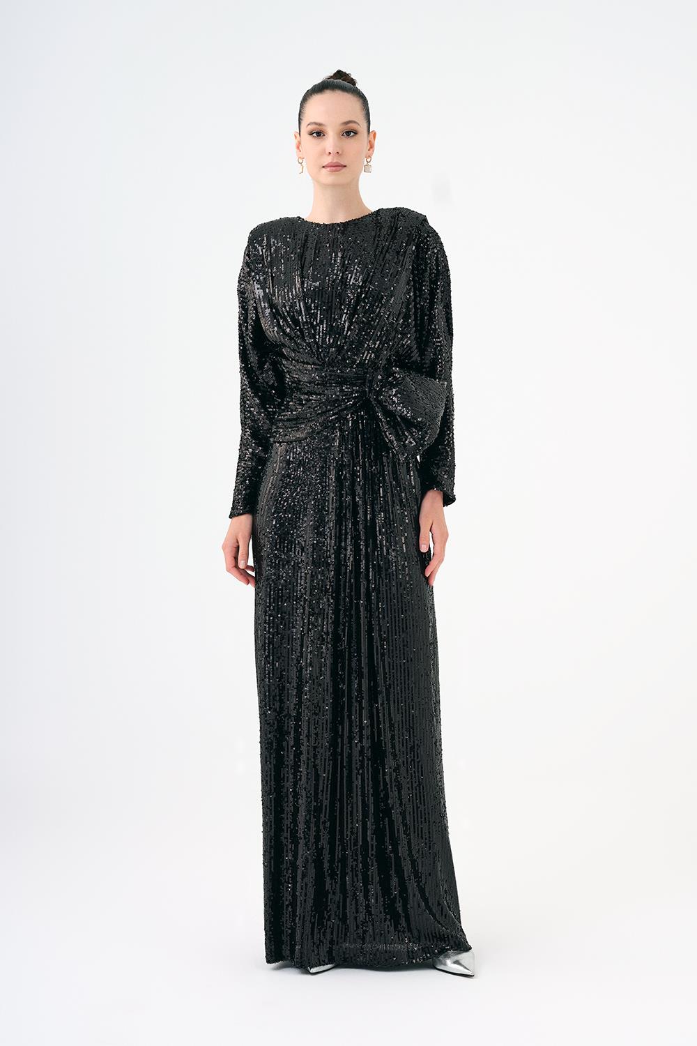 Sequined Long Sleeve Evening Dress with Bow Detail