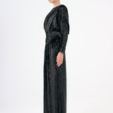 Sequined Long Sleeve Evening Dress with Bow Detail