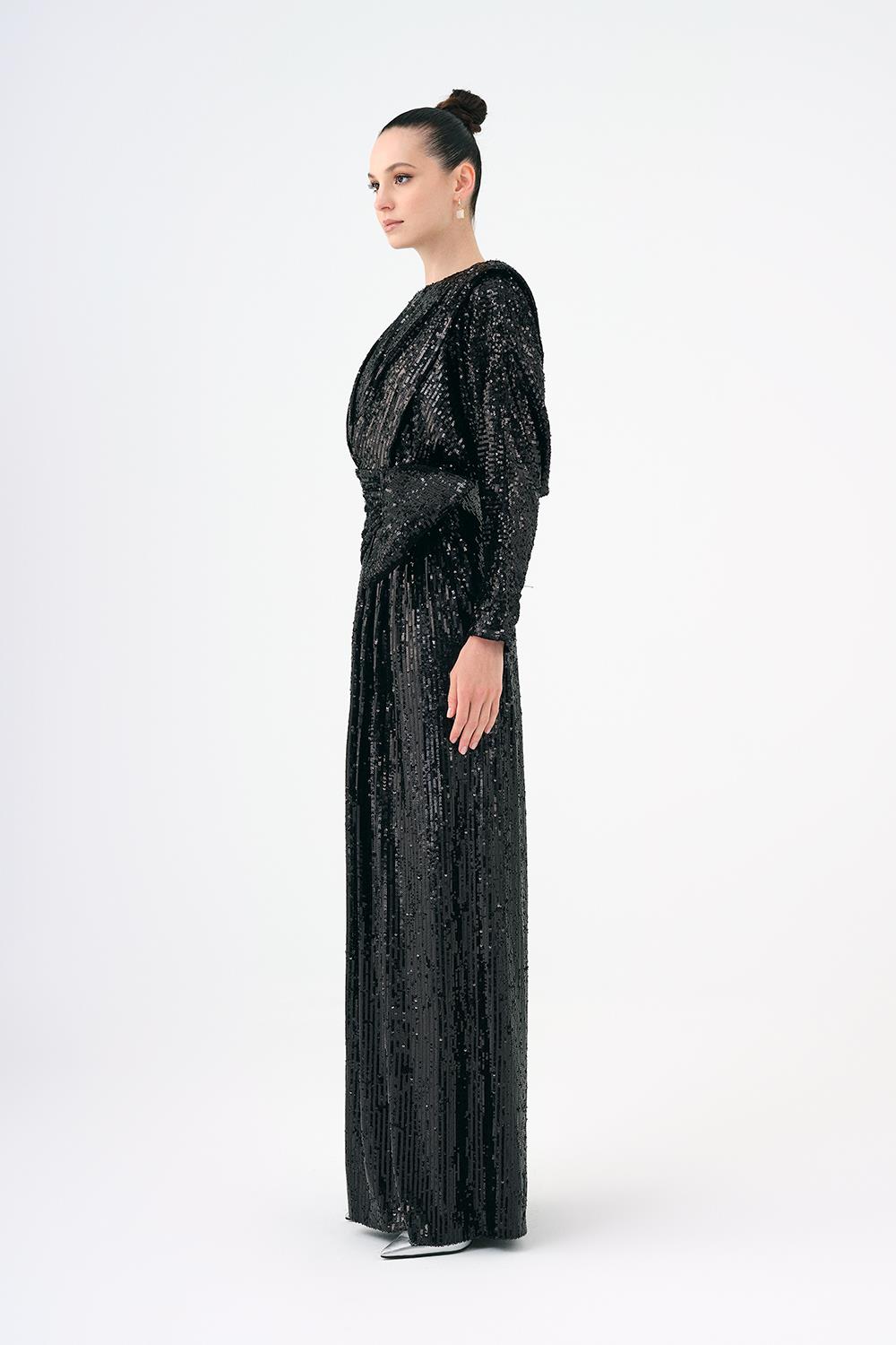 Sequined Long Sleeve Evening Dress with Bow Detail