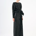 Sequined Long Sleeve Evening Dress with Bow Detail