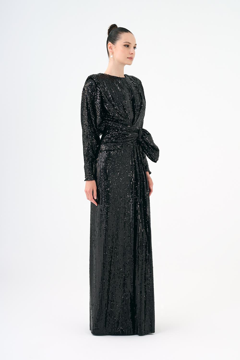 Sequined Long Sleeve Evening Dress with Bow Detail