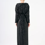 Sequined Long Sleeve Evening Dress with Bow Detail