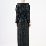 Sequined Long Sleeve Evening Dress with Bow Detail