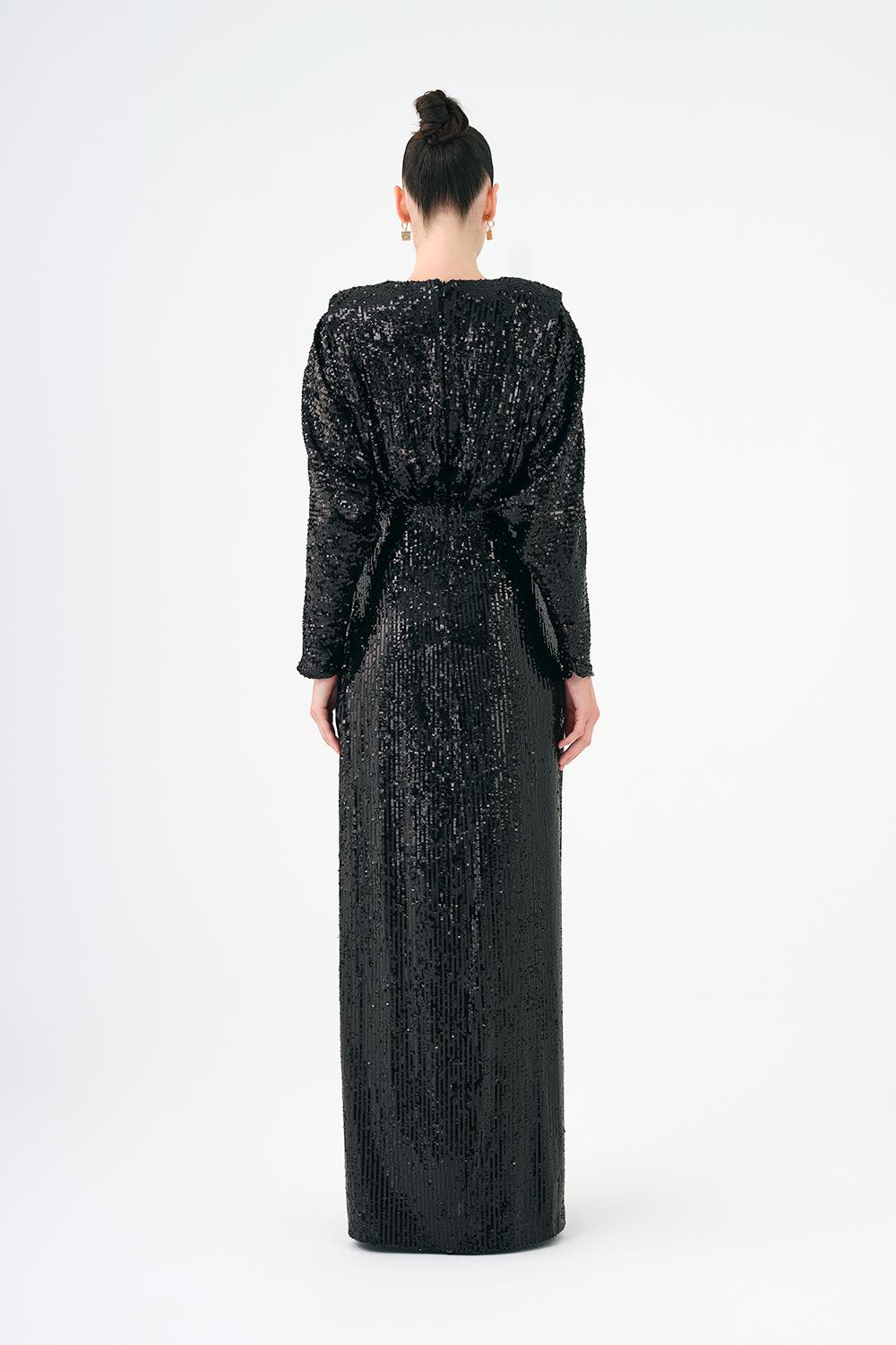 Sequined Long Sleeve Evening Dress with Bow Detail