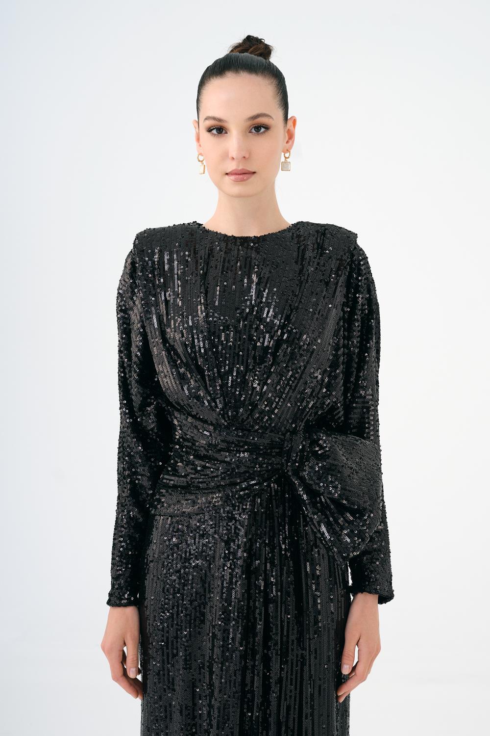 Sequined Long Sleeve Evening Dress with Bow Detail