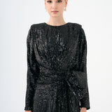 Sequined Long Sleeve Evening Dress with Bow Detail