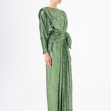 Sequined Long Sleeve Evening Dress with Bow Detail