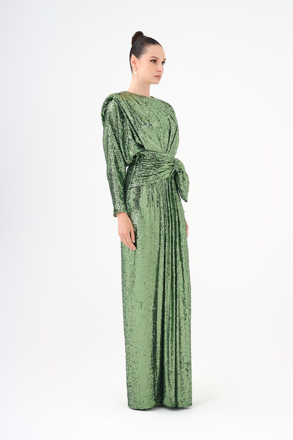 Sequined Long Sleeve Evening Dress with Bow Detail