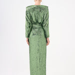 Sequined Long Sleeve Evening Dress with Bow Detail