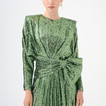 Sequined Long Sleeve Evening Dress with Bow Detail