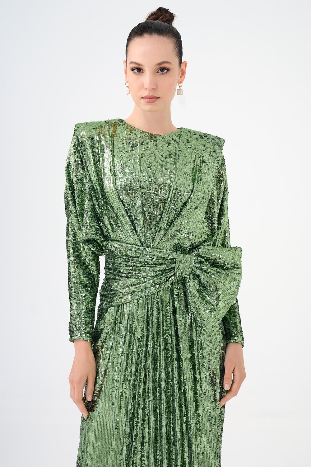 Sequined Long Sleeve Evening Dress with Bow Detail