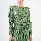 Sequined Long Sleeve Evening Dress with Bow Detail