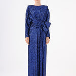 Sequined Long Sleeve Evening Dress with Bow Detail