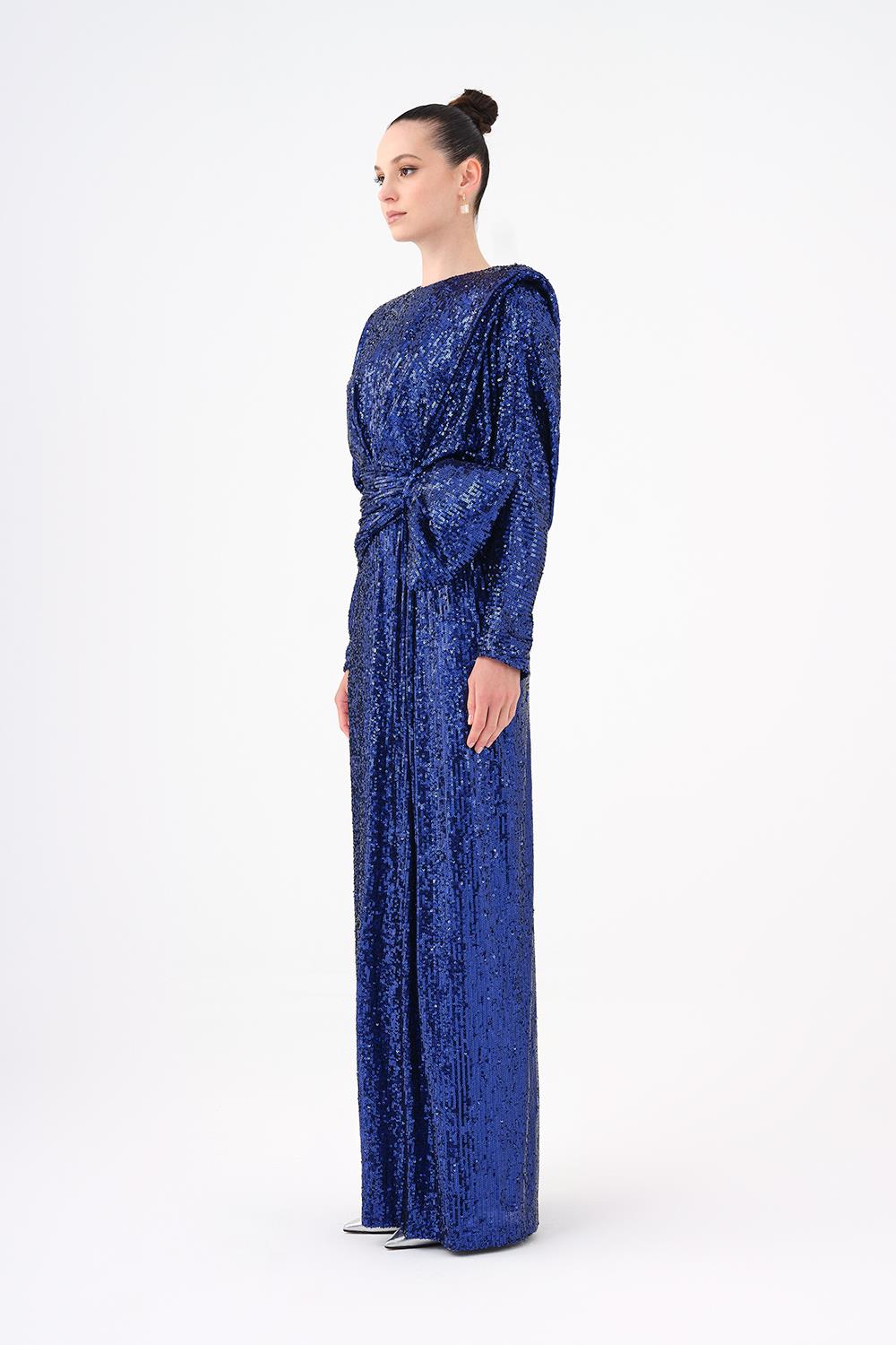 Sequined Long Sleeve Evening Dress with Bow Detail