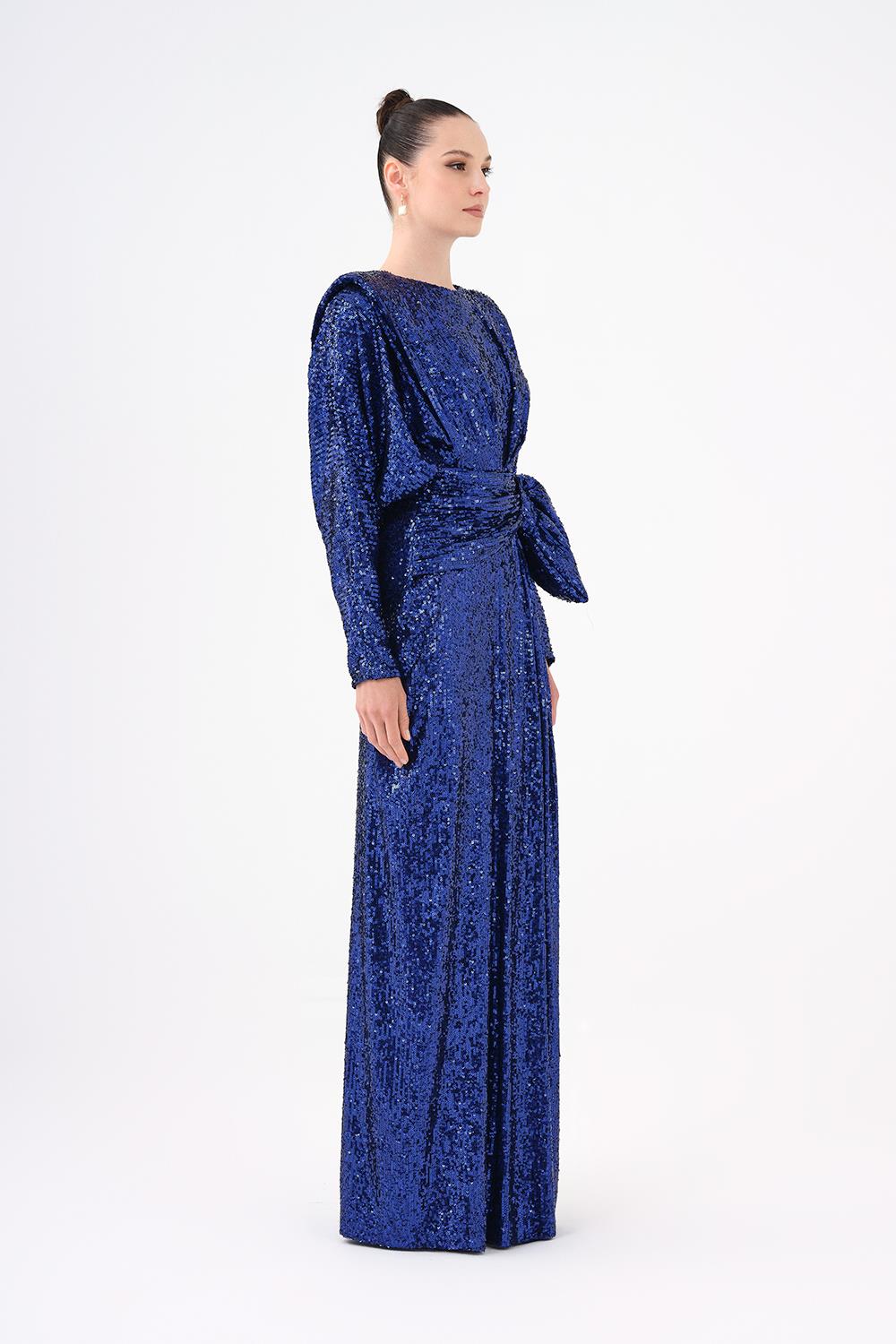 Sequined Long Sleeve Evening Dress with Bow Detail