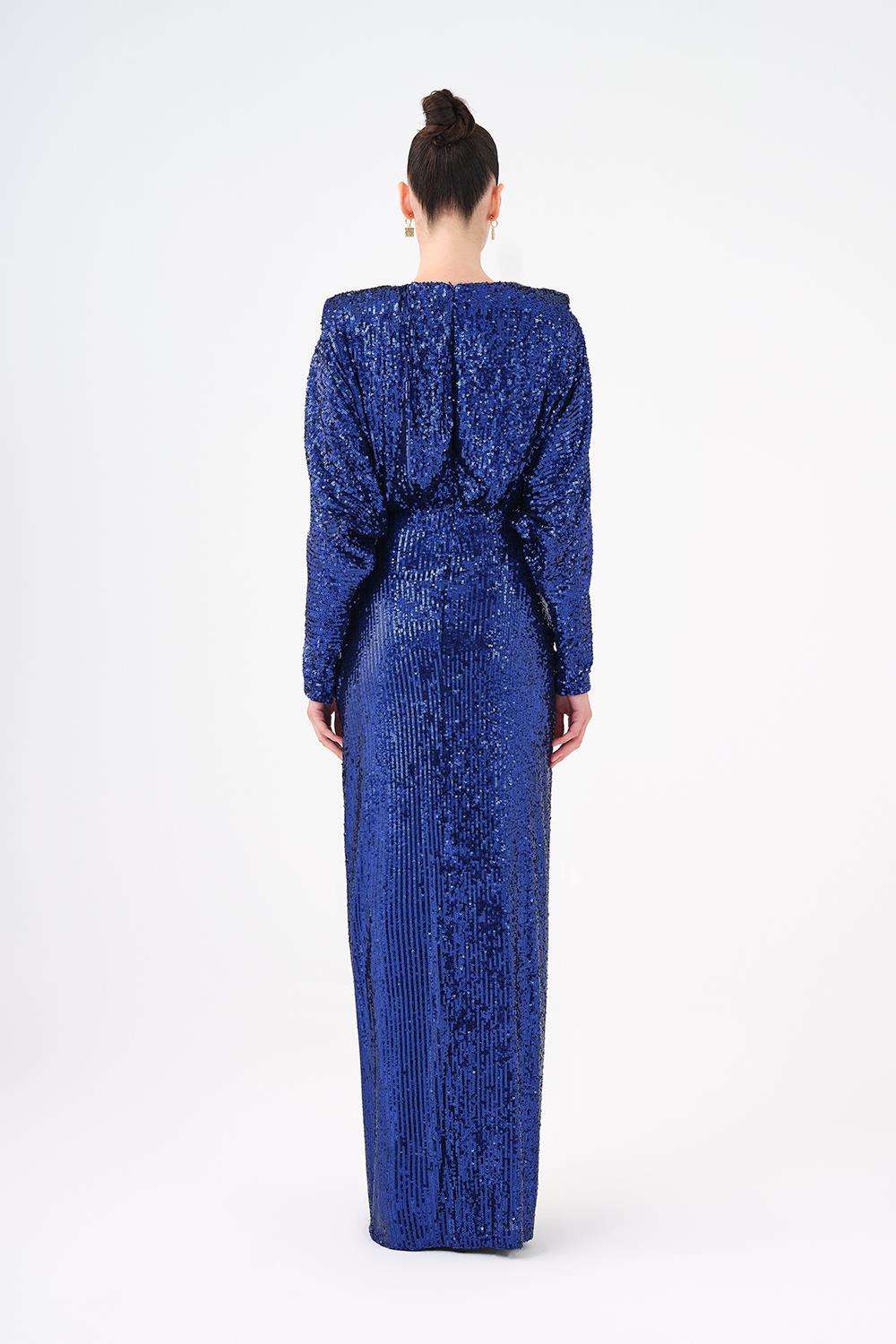 Sequined Long Sleeve Evening Dress with Bow Detail