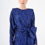 Sequined Long Sleeve Evening Dress with Bow Detail