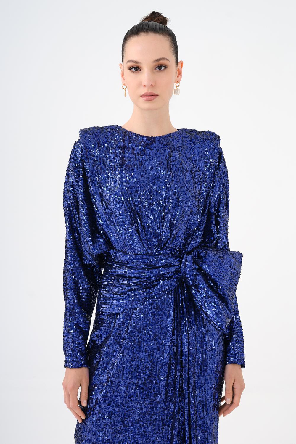 Sequined Long Sleeve Evening Dress with Bow Detail