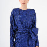 Sequined Long Sleeve Evening Dress with Bow Detail