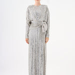 Sequined Long Sleeve Evening Dress with Bow Detail