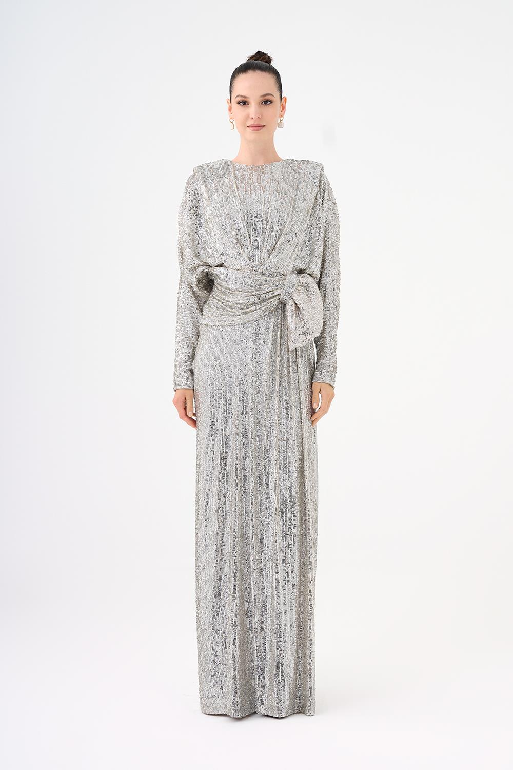 Sequined Long Sleeve Evening Dress with Bow Detail