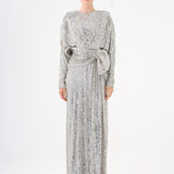 Sequined Long Sleeve Evening Dress with Bow Detail