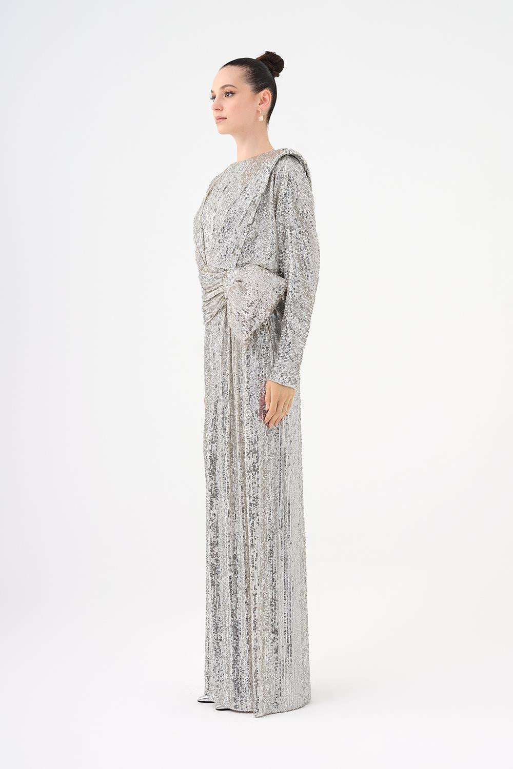 Sequined Long Sleeve Evening Dress with Bow Detail