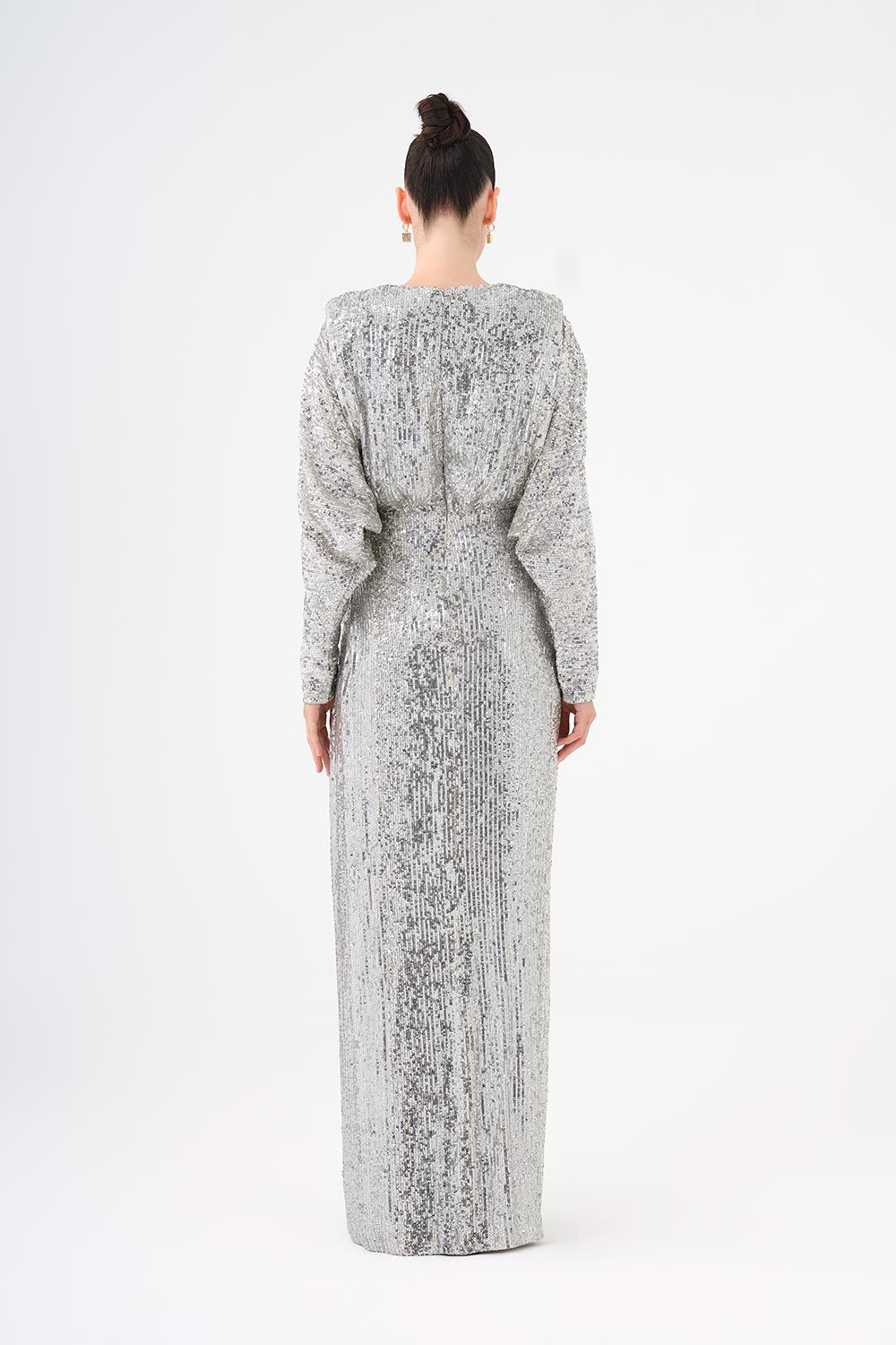 Sequined Long Sleeve Evening Dress with Bow Detail