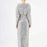 Sequined Long Sleeve Evening Dress with Bow Detail