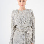 Sequined Long Sleeve Evening Dress with Bow Detail