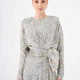 Sequined Long Sleeve Evening Dress with Bow Detail