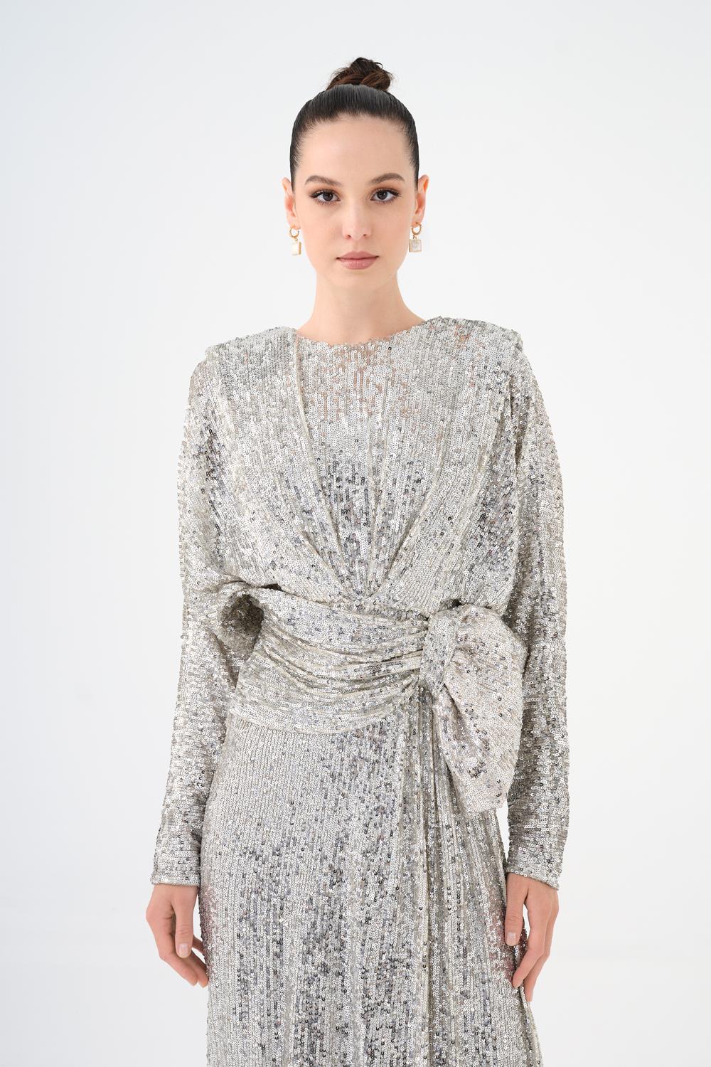 Sequined Long Sleeve Evening Dress with Bow Detail