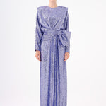 Sequined Long Sleeve Evening Dress with Bow Detail