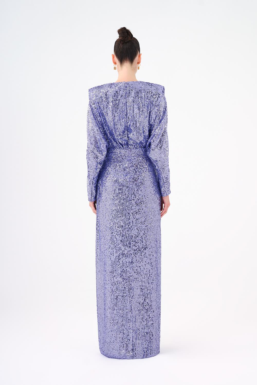 Sequined Long Sleeve Evening Dress with Bow Detail