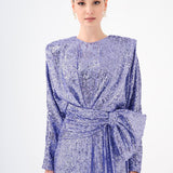 Sequined Long Sleeve Evening Dress with Bow Detail