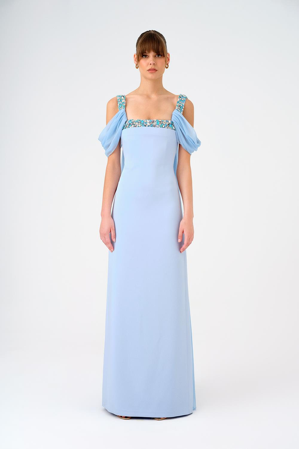 Chiffon Cape Stone Embroidered Long Evening Dress with Straps